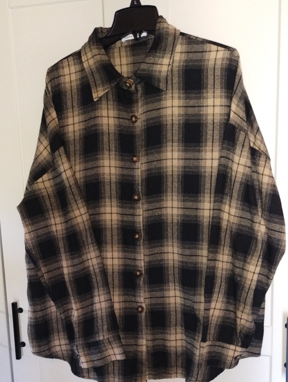Women’s Black and Cream Plaid Button-Down Shirt